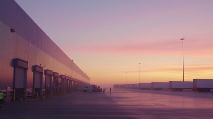 Logistics center with loading docks and trucks during sunrise.