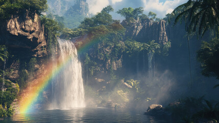 vibrant rainbow arches over majestic waterfall in lush tropical landscape, surrounded by dense greenery and mist. scene evokes sense of tranquility and natural beauty