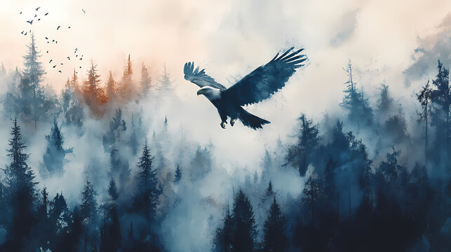 Majestic eagle superimposed with a misty forest landscape, creating a mystical abstract artwork. Mystical. Illustration