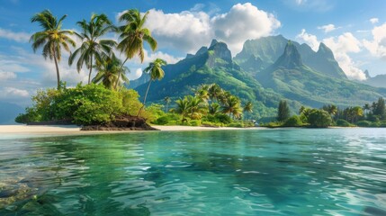 A beautiful tropical island with palm trees and clear water, surrounded by mountains