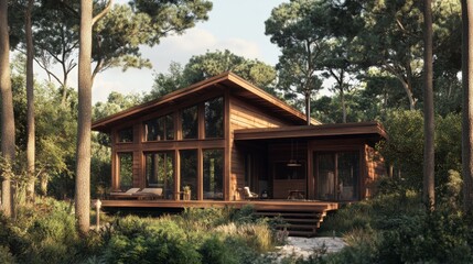 Modern Wooden Cabin Surrounded by Lush Trees