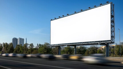 Obraz premium Blank billboard by the highway with cars passing by