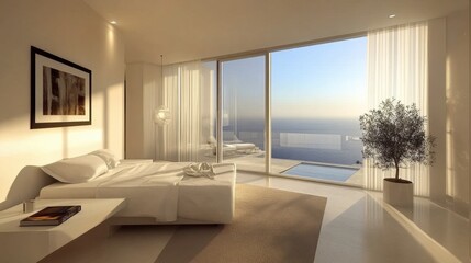 Fototapeta premium Modern Bedroom with Ocean View at Sunset