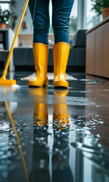 Person in yellow boots cleaning flooded floor with squeegee.
