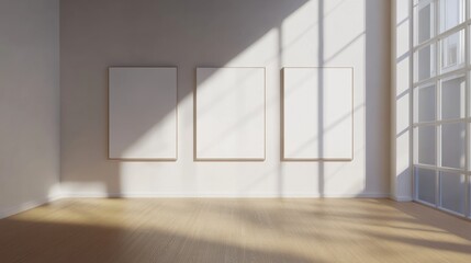 Fototapeta premium Bright Gallery Interior with Three Blank Canvases