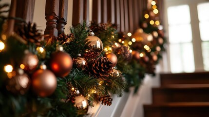 Festive Holiday Decor on a Staircase Railing