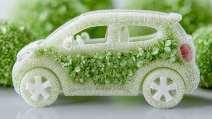 Obraz premium A small toy car covered in green foliage.