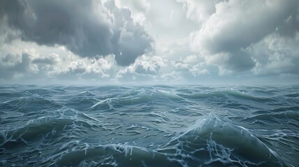 A wide view of the ocean, with stormy waves and dark clouds overhead