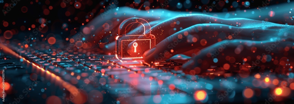 Poster Cyber Security Network Data Protection Businessman Using Laptop Digital Padlock Internet Technology Networking Cloud Computing Data Management