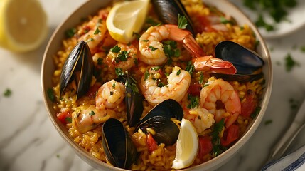 A warm and colorful paella dish filled with shrimp, mussels, and saffron rice, shot from above,...