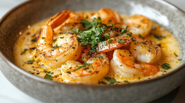 A warm bowl of butterflied shrimp pasta with garlic butter sauce, served in a light, minimalist setting, diffused natural light emphasizing the creamy sauce, garnished with herbs for a fresh,
