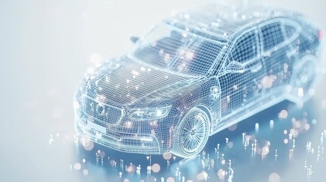A wireframe car model on a white background, with glowing lights.