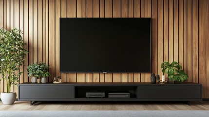 Modern Living Room with Sleek TV and Wooden Wall