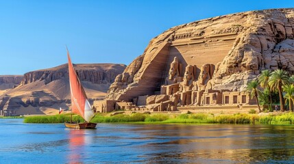 a red and white colored sailboat with large sails sailing on the Nile river in front of temple