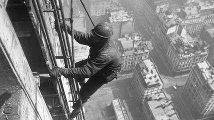 worker using scaffold hoist to lift materials while climbing tall building, showcasing challenges of construction work in urban environment