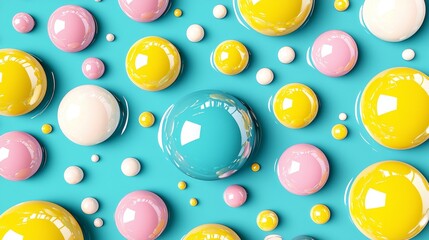 Abstract background with colorful spheres and dots on a blue surface.