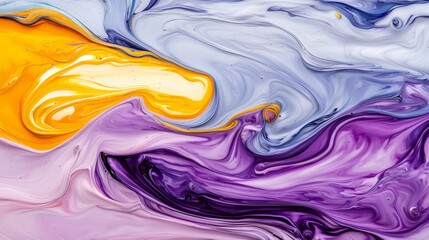 Abstract background with flowing purple, blue and yellow paint.