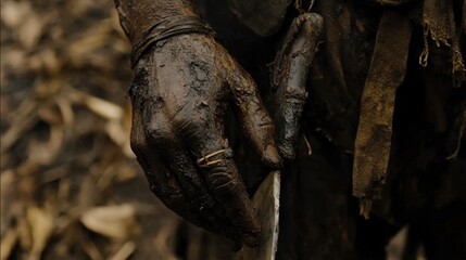 Close-Up of an Earthy Hand Holding a Knife
