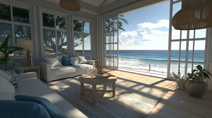 Bright Beachfront Living Room with Ocean View