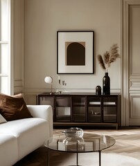 Minimalist Living Room Interior with Beige Walls, Glass Cabinet, and White Sofa