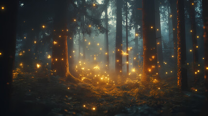 Mystical forest scene illuminated by magical glowing lights and mist. Mystical. Illustration