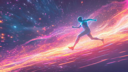 Naklejka premium Pink Purple blue gold light trail running, Flight Through the space.