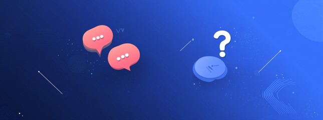 Two white speech bubbles with black rounded corners and large question marks on a pastel sky-blue background.