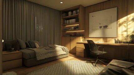 Fototapeta premium Cozy Modern Bedroom with Natural Light and Wood Accents