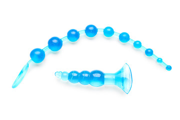 Blue anal plugs from sex shop on white background