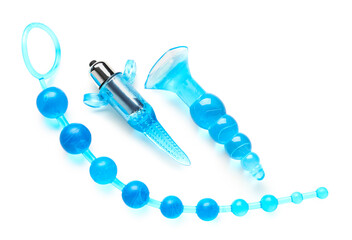 Blue vibrator with anal plugs from sex shop on white background