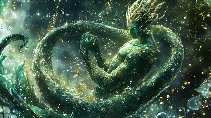 Fototapeta premium Naga in green human figure, silver and crystal green and gold particles. Mystical. Illustration