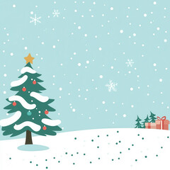festive Christmas scene with decorated tree and falling snowflakes, evoking joyful holiday spirit. Presents are nestled in snow, adding to seasonal charm