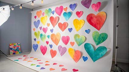 A Photographic Setup Featuring a Wall Decorated With Watercolor Hearts in a Range of Vibrant Colors