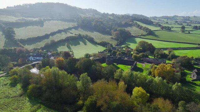 Skenfrith Castle from a drone, Monmouthshire, Wales, England