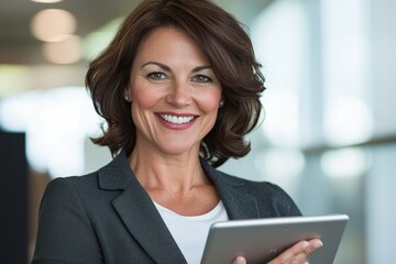 A woman in a business suit is smiling and holding a tablet