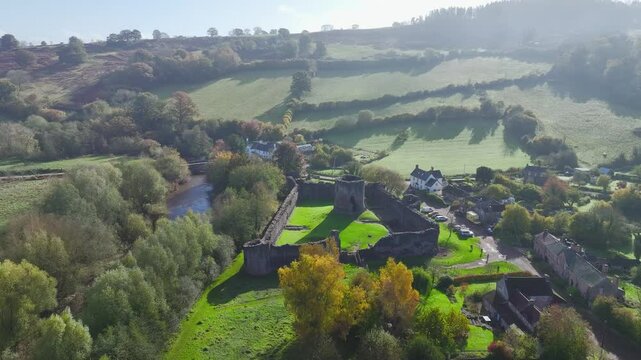 Skenfrith Castle from a drone, Monmouthshire, Wales, England