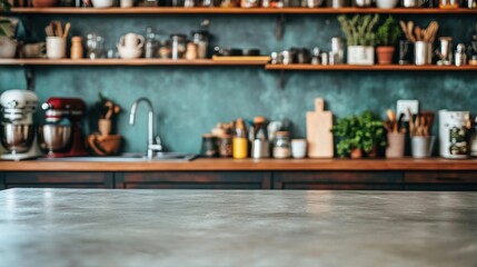 Modern Kitchen Interior with Wooden Shelves and Utensils