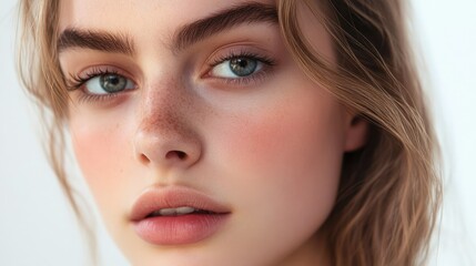 Fototapeta premium A young woman with clear skin and bright eyes, her face illuminated by soft sunlight