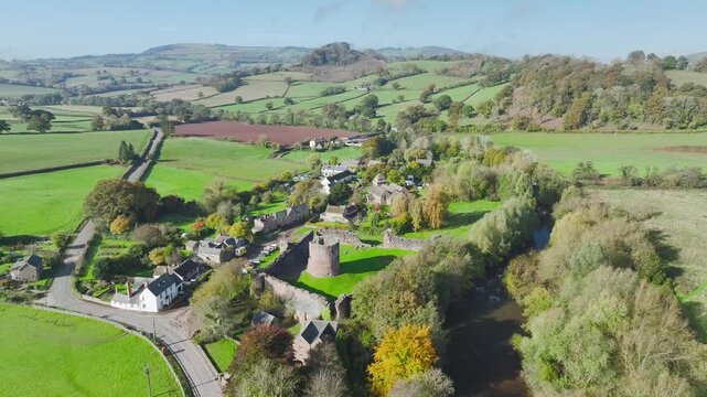 Skenfrith Castle from a drone, Monmouthshire, Wales, England