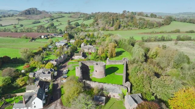 Skenfrith Castle from a drone, Monmouthshire, Wales, England