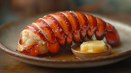 Lobster tail, bright red and glossy, with clarified butter in a small dish, served on a neutral ceramic plate, soft lighting capturing the rich details, appetizing and elegant style. --ar 16:9