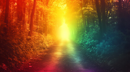Fototapeta premium The mystical path through the magical forest shines with the colors of the rainbow. st. patrick day. Mystical. Illustration