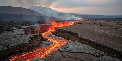Fototapeta premium A fiery river of molten rock flows through a chasm in the earth's crust, a dramatic display of nature's raw power