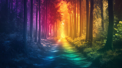 Obraz premium The mystical path through the magical forest shines with the colors of the rainbow. st. patrick day. Mystical. Illustration