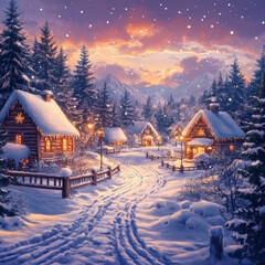 Fototapeta premium cozy winter village scene with snow covered cabins and twinkling lights, surrounded by pine trees and mountains under starry sky, evokes festive and peaceful holiday atmosphere