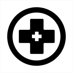 A flat design black and white circle icon symbolizing First Aid on White Background