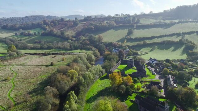 Skenfrith Castle from a drone, Monmouthshire, Wales, England
