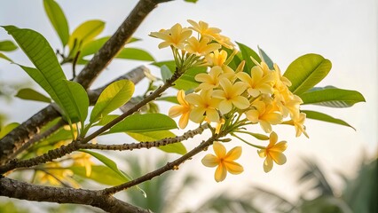 A delicate cluster of pale yellow blossoms emerges from the vibrant green foliage, bathed in the soft glow of the setting sun.