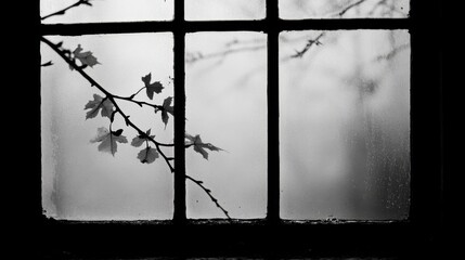 Black and White Window with Vine Leaves