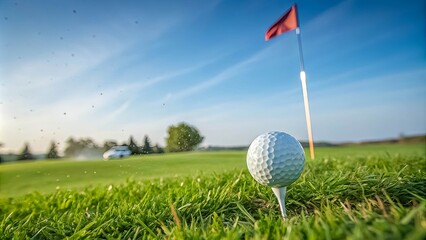 Obraz premium A golf ball rests on a tee, poised for a perfect drive, with a flag waving in the distance, signifying the challenge that lies ahead.